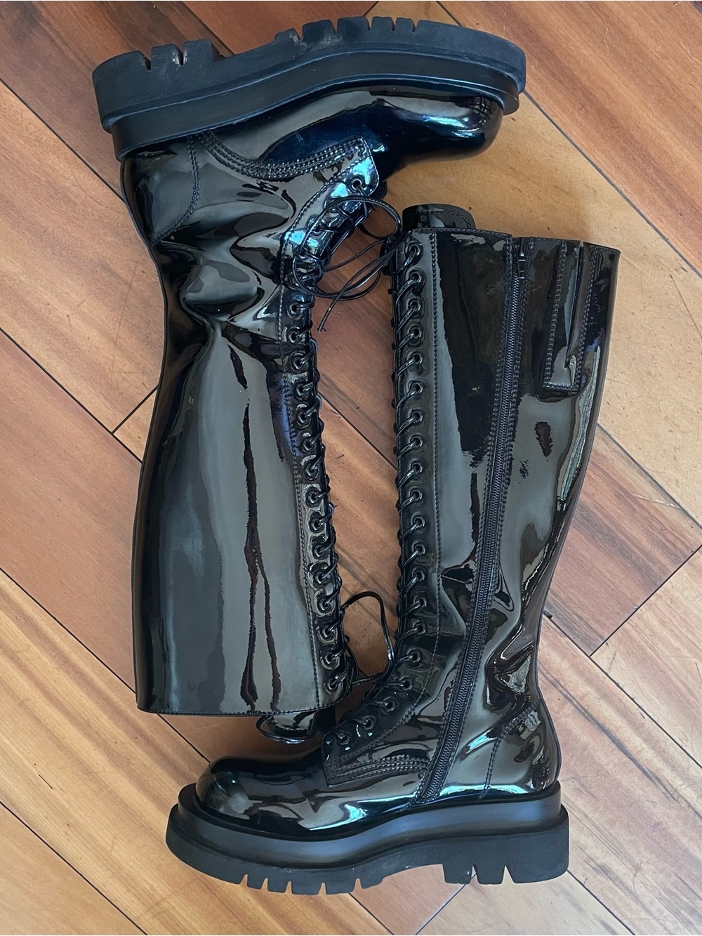 B2 from Browns , Black Patent Lace-Up Knee-High Combat Boots - Women's